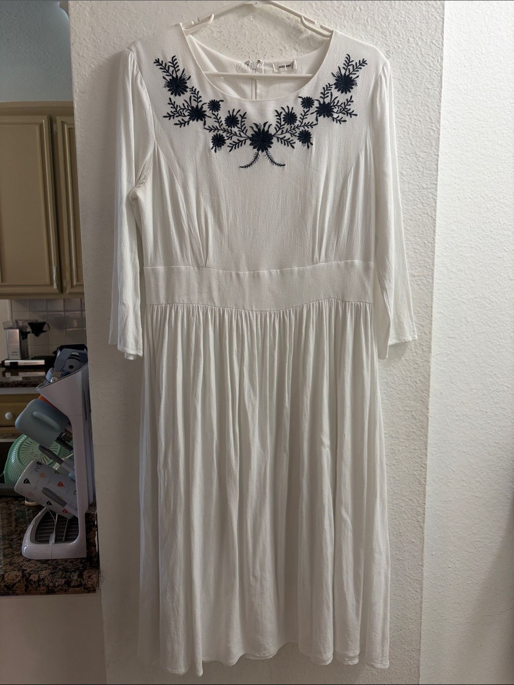 Mod Ref White Midi Dress with Navy Floral Embroidery